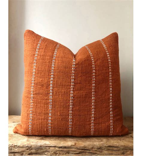 Large Burnt Orange Pillow With Stitch Detail Organic Natural Boho Raw Cotton Hand Dyed Rust