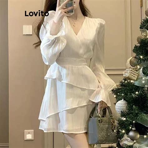 Lovito Casual Plain Tiered Layer Dress For Women Lne White Gaun