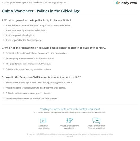 Quiz Worksheet Politics In The Gilded Age Study