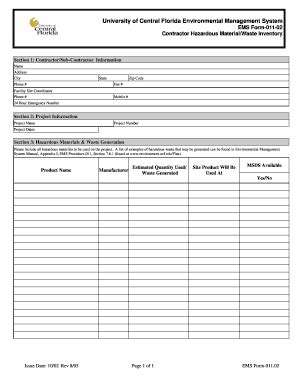 Fillable Online Ehs Ucf Contractor Hazardous Materials And Hazardous