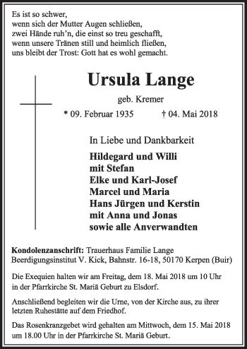 Traueranzeigen Von Ursula Lange WirTrauern