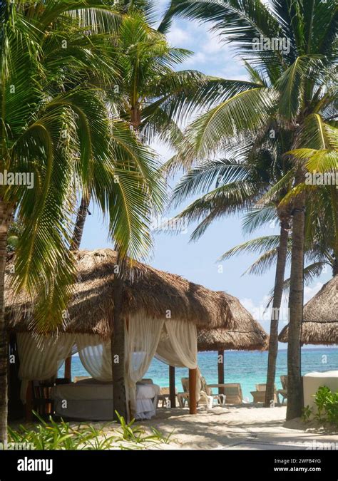 Outdoor Massage Hut Under Palm Trees On The Sandy Beach Playa Del