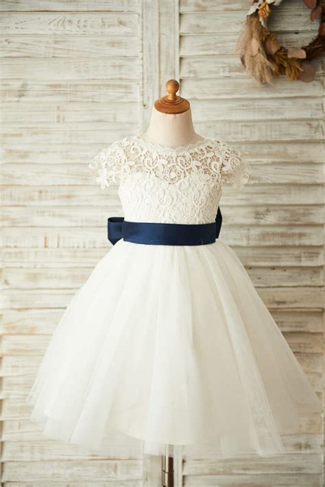 Short Sleeves V Back Lace Tulle Wedding Flower Girl Dress Navy Blue B