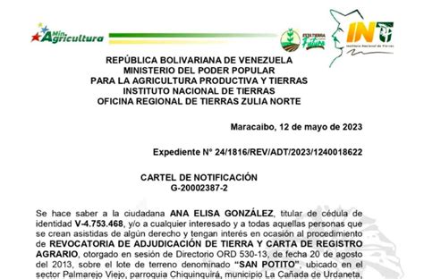 INTI Cartel de Notificación de Revocatoria a Ana Elisa González Qué