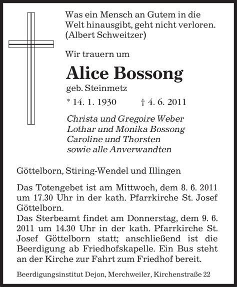 Traueranzeigen Von Alice Bossong Saarbruecker Zeitung Trauer De