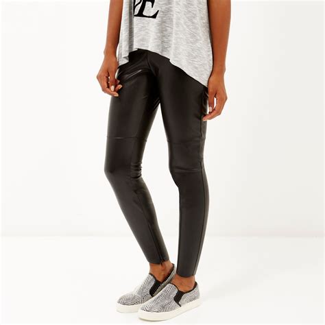 River Island Black Leather Look Zip Side Leggings In Black Lyst