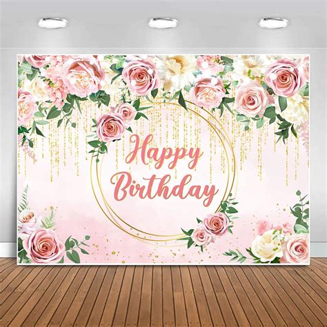 Sensfun Pink Floral Birthday Backdrop For Women Glitters