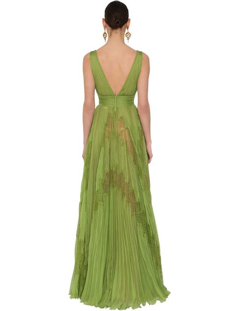 Zuhair Murad Silk Long V Neck Pleated Chiffon Lace Dress In Green