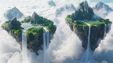 Breathtaking Floating Islands With Waterfalls Above Cloudscape Stock