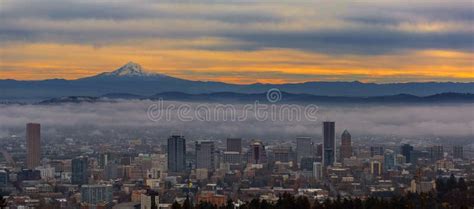 Portland Oregon Cityscape And Mount Hood At Sunrise Stock Image Image