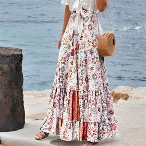 Skirts Boho Floral Print High Waist Ruffle Hem Maxi Skirt Poshmark