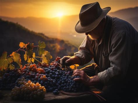 Premium AI Image | Farmer picking grapes in a vineyard