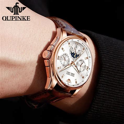 Oupinke Men Watch Automatic Mechanical Leather Band Waterproof Moon