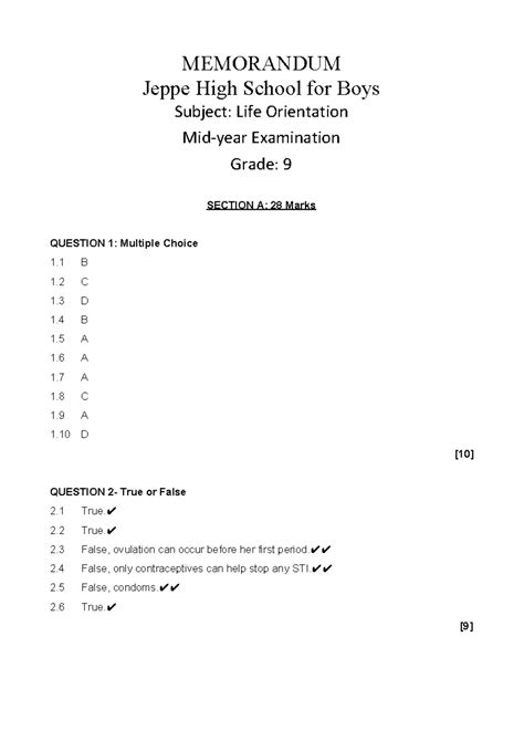 Memo Of Grade 9 Lo Exam Term 2 2017 Final Memorandum Jeppe High