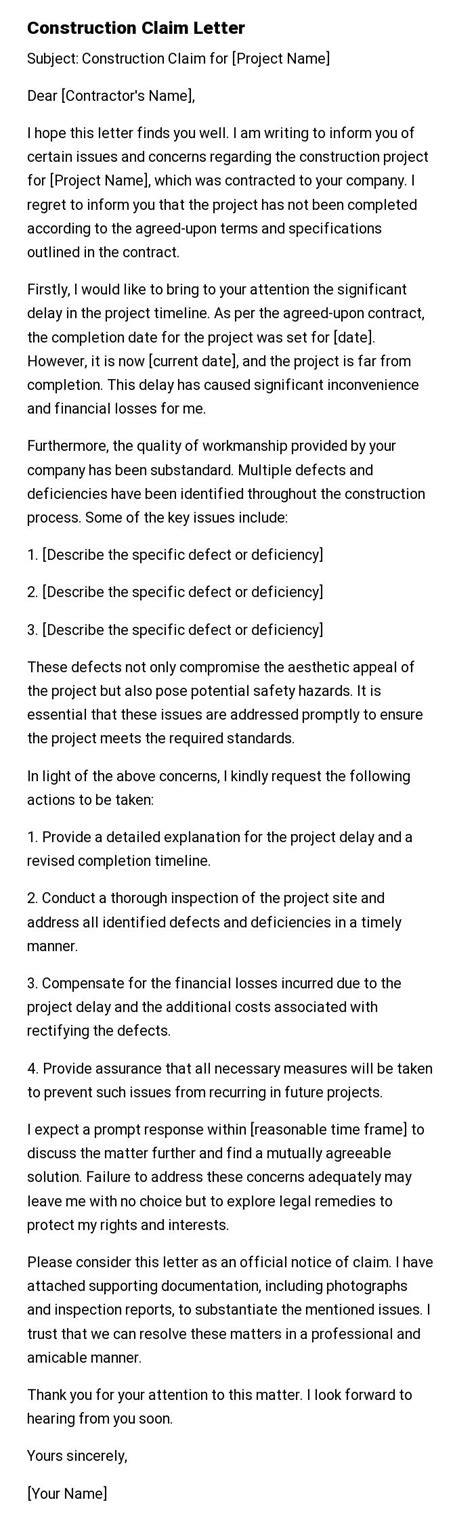Construction Claim Letter