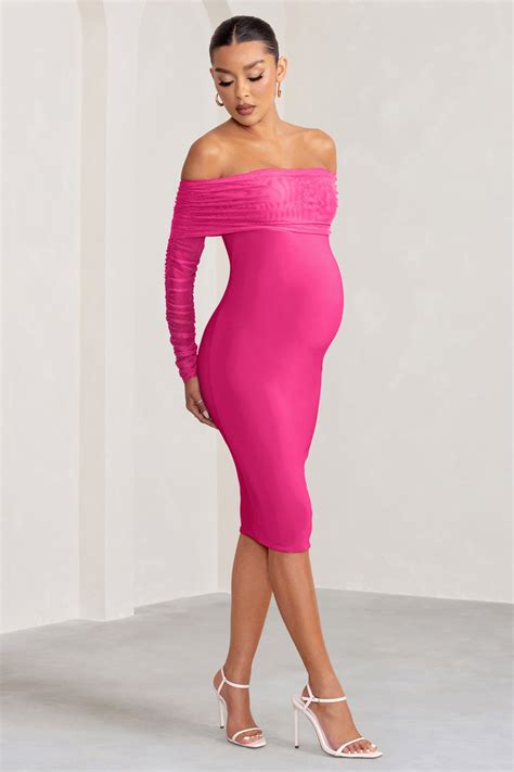 Patiently Waiting Hot Pink Maternity Ruched Mesh Bardot Midi Dress