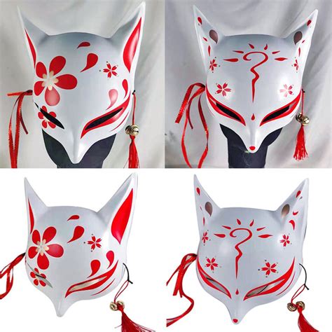 Japanese Anime Fox Mask with Tassel Bell Cherry Blossoms Cat Mask Cosplay Party Accessory ...