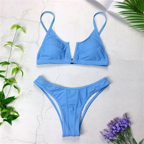 Swimwear Women Sexy Solid Black Deep V Bikinis Set Retro Vintage Push Up Bikini Women