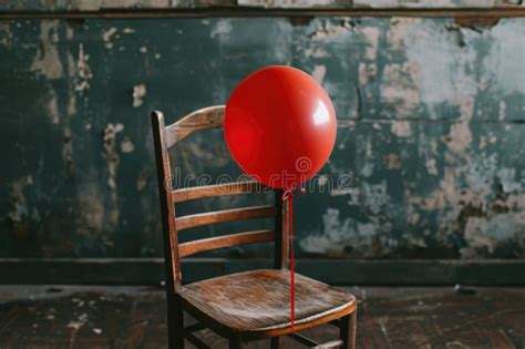 A Vibrant Red Balloon Perches On Top Of A Sturdy Wooden Chair A Single