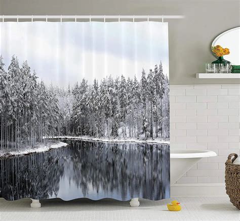 Snowy Trees Shower Curtain Woodland Decor Lake Surrounded By Snow