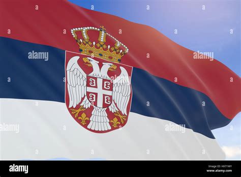 D Rendering Of Serbia Flag Waving On Blue Sky Background Statehood