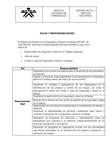 Roles Y Responsabilidades Sg Sst Pdf Valores Evaluación