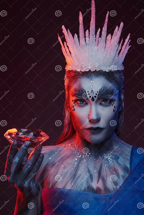 Ice Queen Under Red Light With Crown And Diamond Stock Photo Image Of