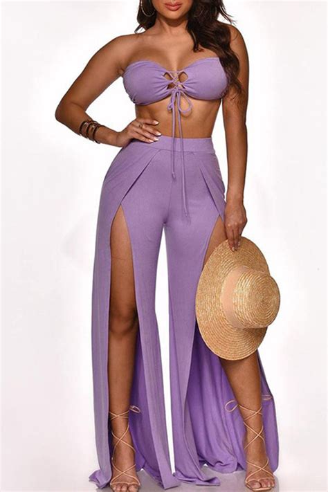 Purple Sexy Solid Patchwork Slit Off The Shoulder Sleeveless Two Pieces