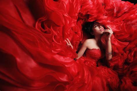 Wallpaper Women Model Bare Shoulders Asian Red Dress Fashion