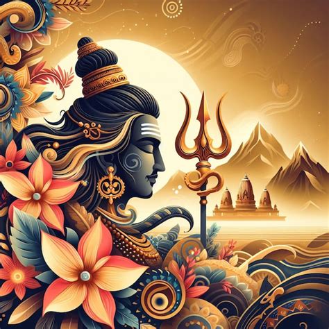 Ilustración de Maha Shivratri de trishul damru y flores con fondo negro