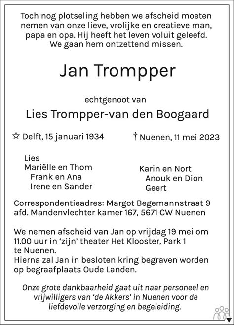 Jan Trompper Overlijdensbericht En Condoleances Mensenlinq Nl