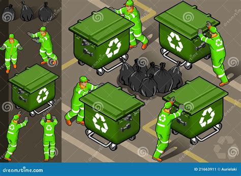 Isometric Set Of Garbage Man Stock Vector Illustration Of Container