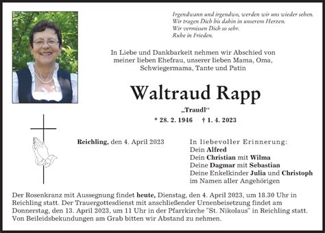 Traueranzeigen Von Waltraud Rapp Augsburger Allgemeine Zeitung