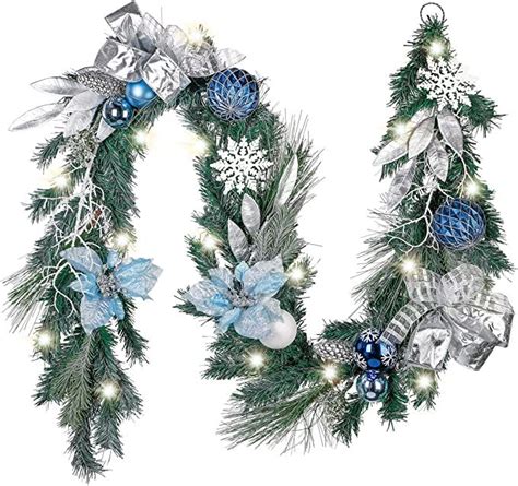 Valery Madelyn Pre Lit 6 Feet Winter Land Blue Silver Christmas Garland With Ball O