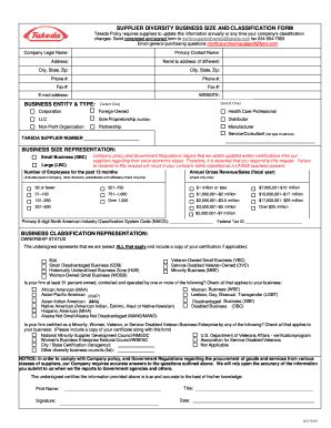 Takeda Supplier Diversity Business Size And Classification Form