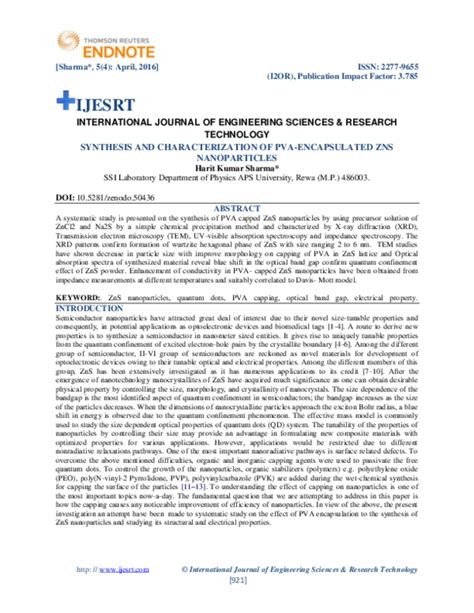 Pdf Synthesis And Characterization Of Pva Encapsulated Zns