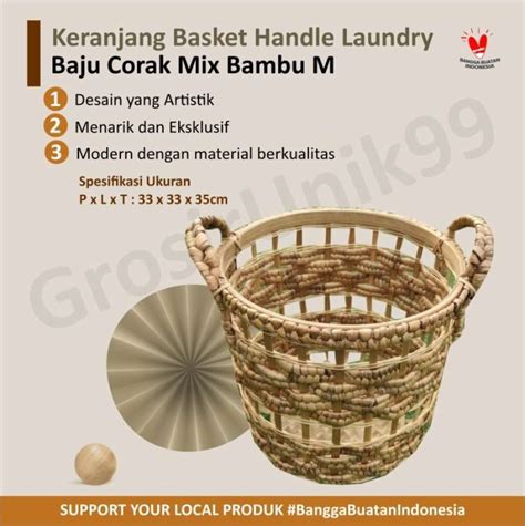 Jual Keranjang Basket Handle Laundry Baju Corak Mix Bambu M