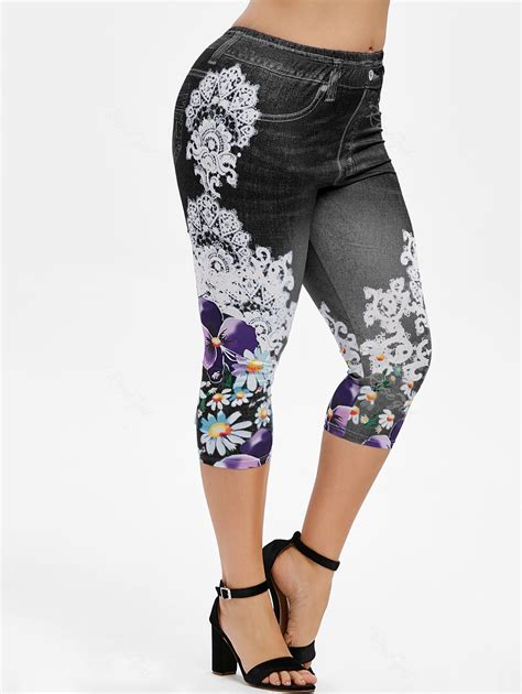 Plus Size 3d Denim Print Floral Capri Leggings 61 Off Rosegal