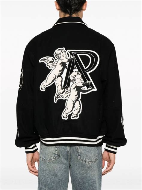 Represent Cherub Motif Embroidered Varsity Bomber Jacket Jet Black