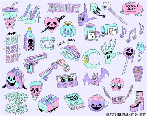 Pastel Goth Clipart Cute Halloween Clipart Printable Stickers Digital