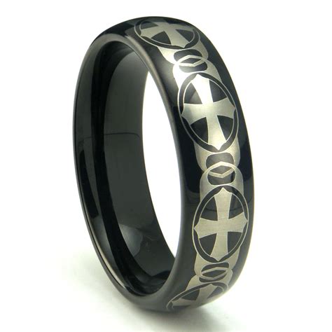 Black Tungsten Carbide Laser Engraved Celtic Cross Dome Wedding Band Ring