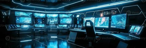 Command center interior banner. 3d room with neon light. Sci-fi concept ...