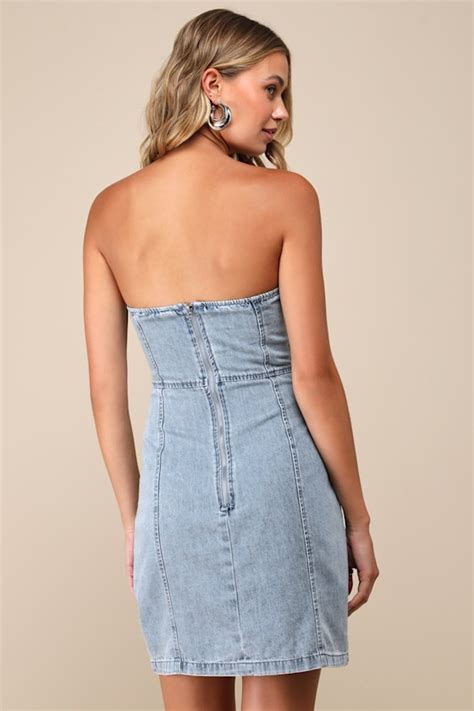 Light Wash Denim Dress Strapless Bustier Dress Mini Dress Lulus