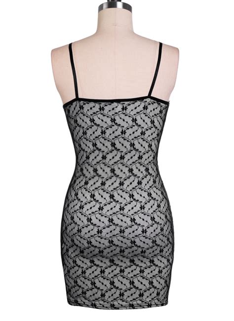 Cheap Sexy V Neck Spaghetti Strap Sleeveless Black Lace Sheath Knee