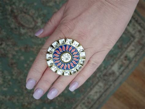 Large Bijou Ring With Indian Ornament On Womans Hand Stock Photo