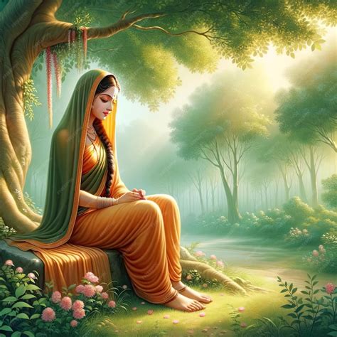 Indian Hindu Goddess Sita Sitting In Ashok Vatika Beautiful Image