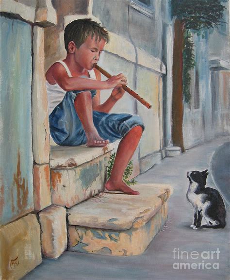 Boy With Flute And Cat Painting By Osi Pixels