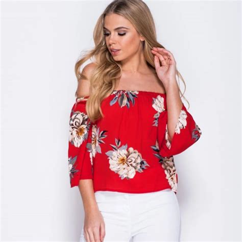 Floral Print Chiffon Blouse Off Shoulder Bowknot Shirt Slash Neck Red