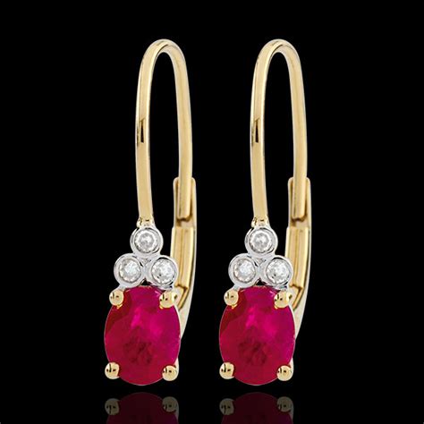 Boucles D Oreilles Exquises Rubis Et Diamants Or Jaune 9 Carats