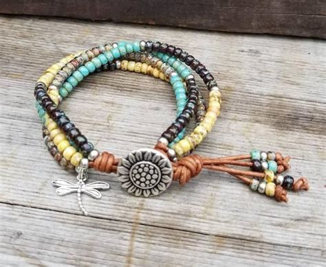 Seed Bead Leather Wrap Bracelet Beaded Leather Wrap Bracelet Etsy